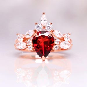 Natural Red Garnet Ring Set For Woman- 14K Rose Gold Vermeil Red Gemstone Engagement Ring Her Promise Ring January Birthstone Gift For her