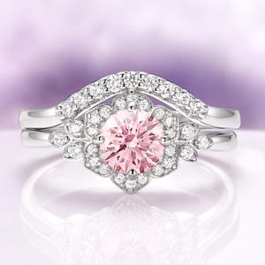Round Cut Morganite Engagement Ring Set in 925 Sterling Silver- Bridal Blush Pink Flower Promise Ring Anniversary Birthday Gift For Her