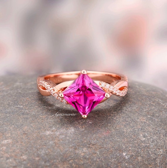 Rubellite Tourmaline Ring Twisted Vine Engagement Ring For Women- Princess Cut Unique Promise Rings October Birthstone 14K Rose Gold Vermeil