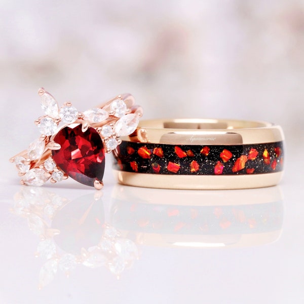 Red Fire Opal Garnet & Galaxy Sandstone Couples Ring Set- His and Hers Matching Wedding Band- Rose Gold Nature Couples Unique Promise Ring