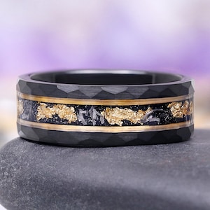 Meteorite Gold Leaf Men's Ring- Hammered Two Tone Black Gold Accent Tungsten 8mm Mens Wedding Band Unique Real Meteorite Ring- Gift For Him