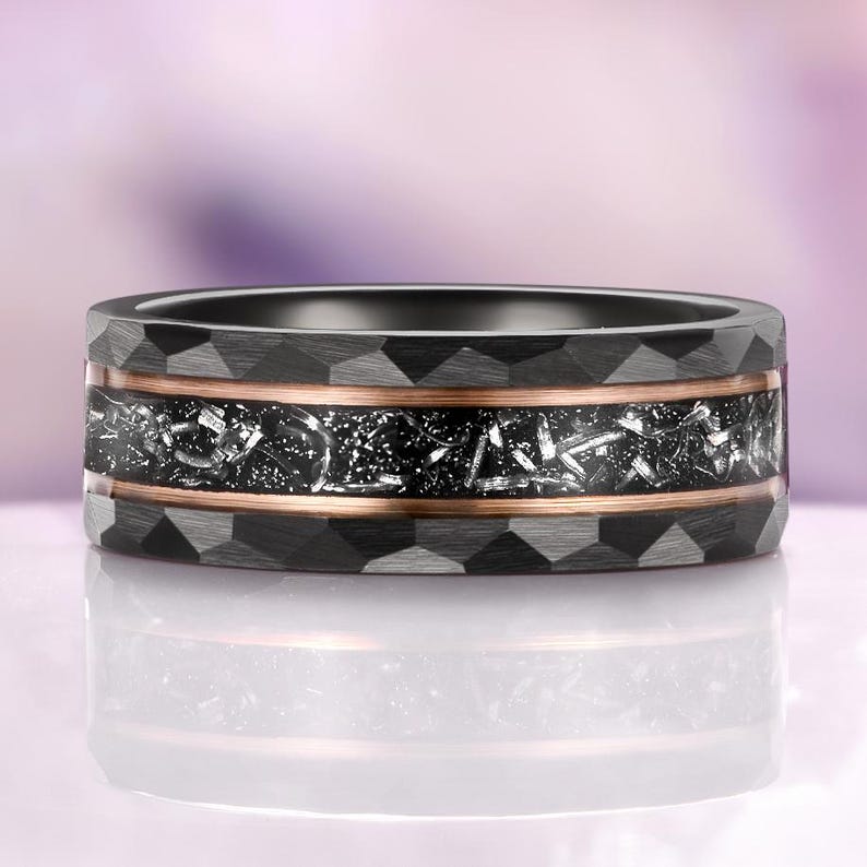 Galaxy Salt & Pepper Diamond, Meteorite Couples Ring Set- His and Hers Cosmic Wedding Bands Rose Gold Vermeil Tungsten Matching Promise Ring image 4