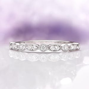 Vintage Diamond Wedding Band in 14K White Gold- Art Deco Milgrain Wedding Ring Vintage Stacking Ring- Anniversary or Birthday Gift For Her