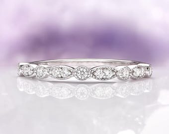 Vintage Diamond Wedding Band in 14K White Gold- Art Deco Milgrain Wedding Ring Vintage Stacking Ring- Anniversary or Birthday Gift For Her