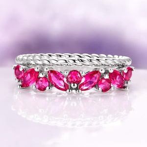 Marquise Ruby Ring Set in 925 Sterling Silver- Unique Wedding Band- Engagement Ring- July Birthstone- Anniversary Birthday Gift For Her