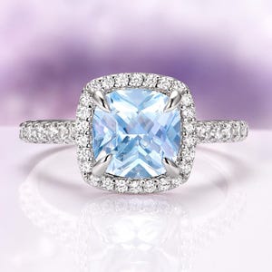 Cushion Cut Aquamarine Ring in 925 Sterling Silver Ring- Halo Engagement Ring- Promise Ring- March Birthstone- Anniversary Gift For Her