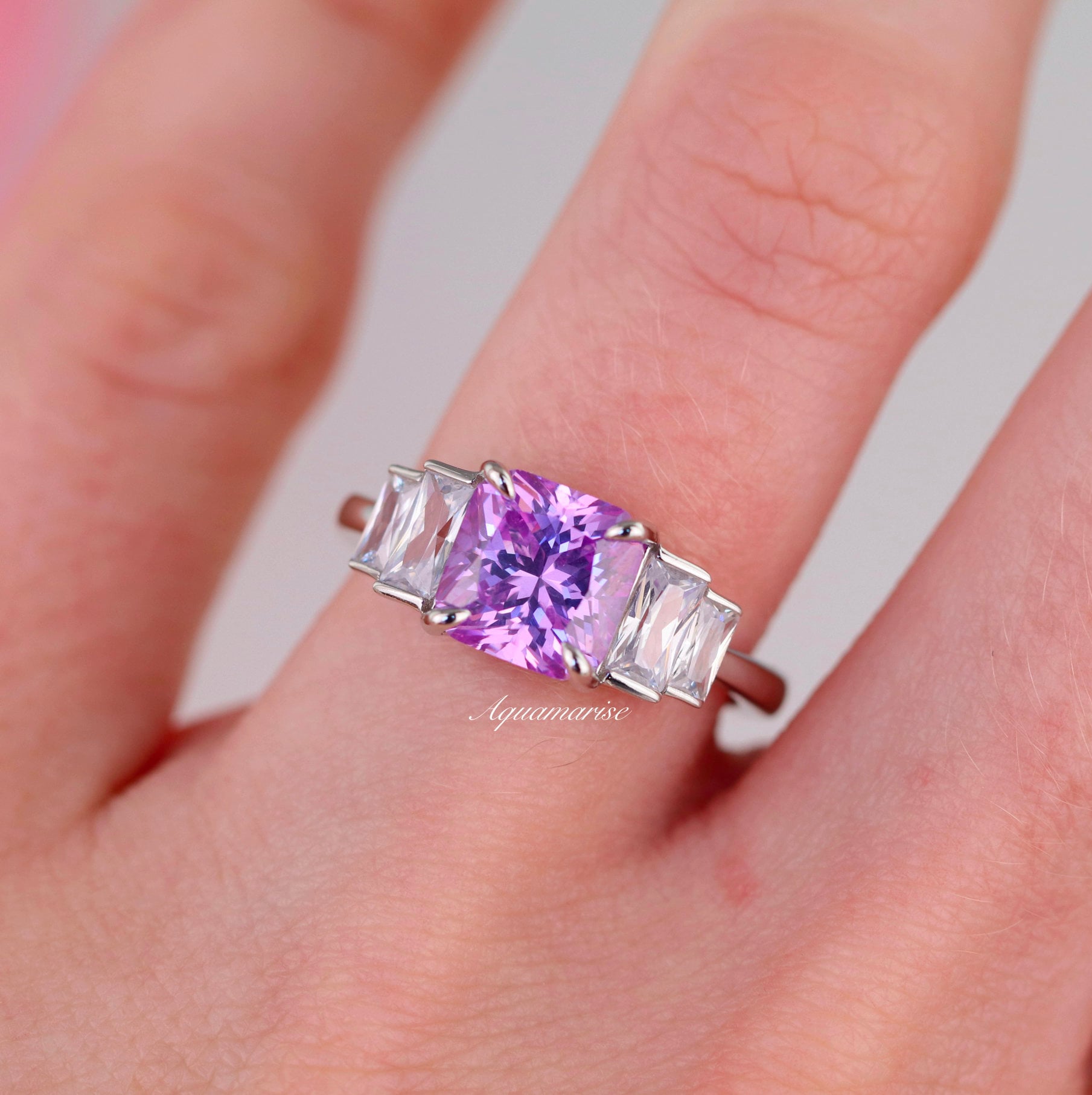 2mm Jewel Tie 925 Sterling Silver Checker-Cut Simulated Pink Simulated Quartz Ring 2mm Jewel Tie 925 Sterling Silver Checker-Cut Simulated Pink Simulated Quartz Ring