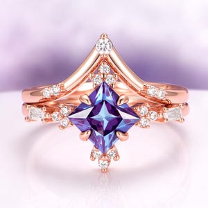 Alexandrite Ring in 14K Rose Gold Vermeil-Lab Grown  Princess Cut Alexandrite Unique Engagement Ring- June Birthstone Jewelry Gift For Her