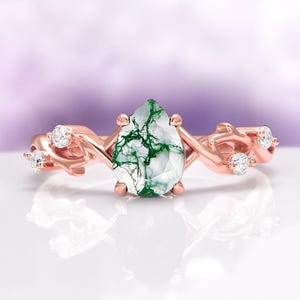 Green Moss Agate Twig Ring in 14K Rose Gold Vermeil- Natural Pear Agate Leaf Engagement Ring - Unique Promise Ring Anniversary Gift For Her
