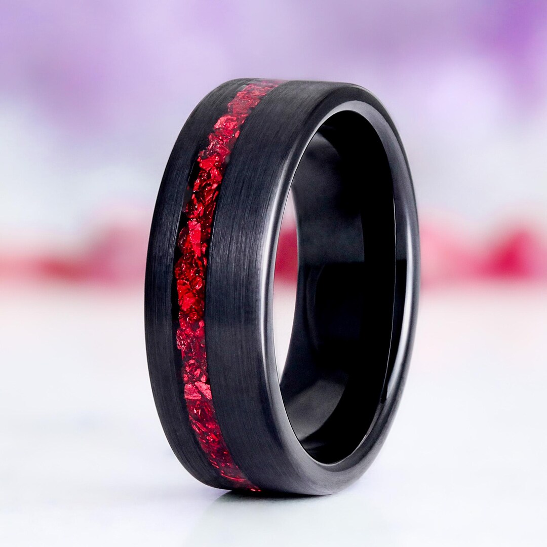 Ruby Inlaid Wring Mens Ruby Ring Black Tungsten Wedding Band 8mm Brushed Polished Crushed ...
