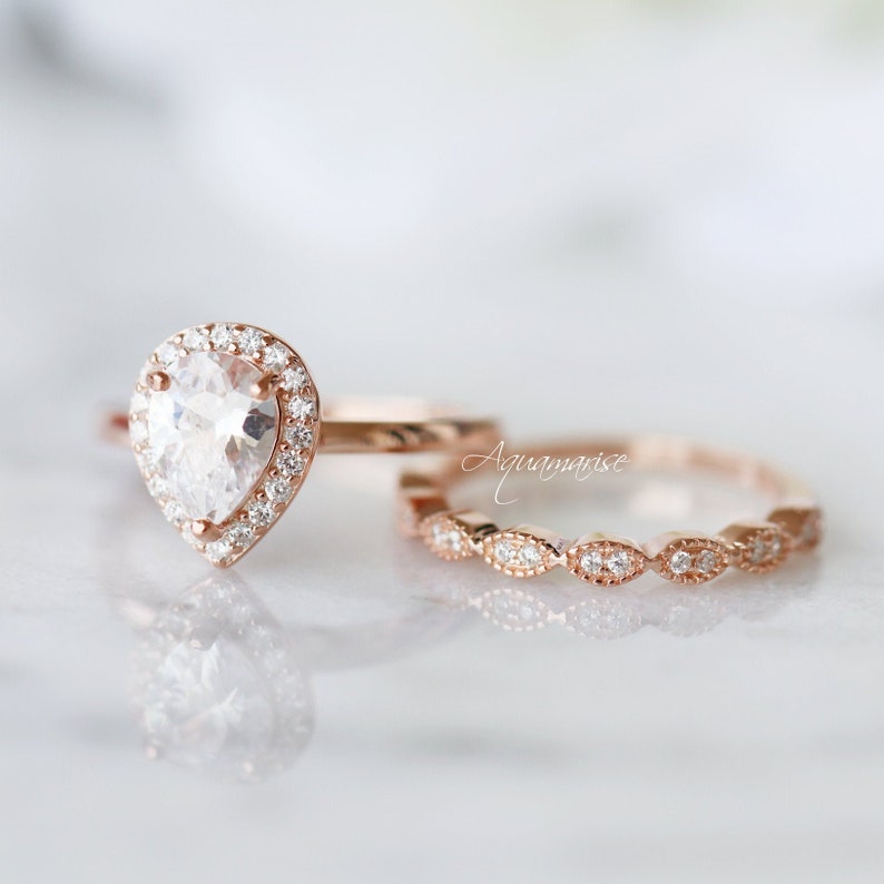 Pear Diamond Ring Set 14K Rose Gold Vermeil Engagement Promise Ring For Women Teardrop Wedding Ring Set April Birthstone Gift For Her image 3