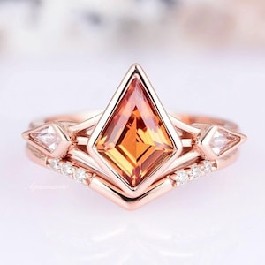 Celtic Orange Sapphire Ring Set- Kite Cut Sapphire Engagement Ring For Woman- Her Promise Ring- 14K Rose Gold Vermeil September Birthstone
