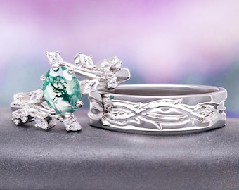 Green Moss Agate Leaf Couples Ring Set- His and Hers Wedding Band- 925 Sterling Silver Matching Wedding Band Nature Inspired Promise Ring