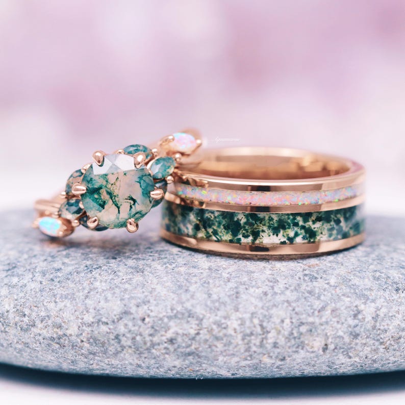 Green Moss Agate & Fire Opal Ring- 14K Rose Gold Vermeil Enchated ...