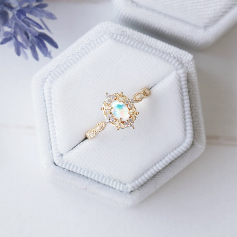 Vintage Natural Opal Ring-14K Yellow Gold Vermeil Engagement Promise Ring For Women October Birthstone Anniversary Birthday Gift For Her image 5