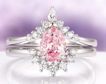 Teardrop Pink Tourmaline Ring Set- Sterling Silver Unique