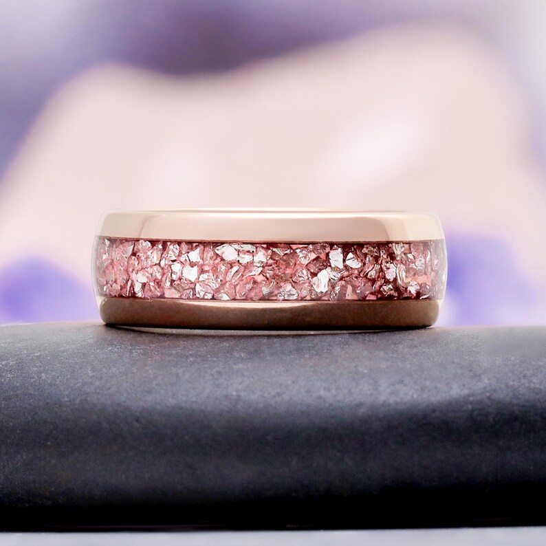 Morganite Mens Wedding Band Rose Gold Tungsten 8mm Crushed Pink Stone Inlay image 12
