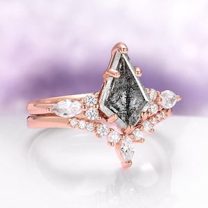 Galaxy Salt & Pepper Diamond, Meteorite Couples Ring Set- His and Hers Cosmic Wedding Bands Rose Gold Vermeil Tungsten Matching Promise Ring image 11