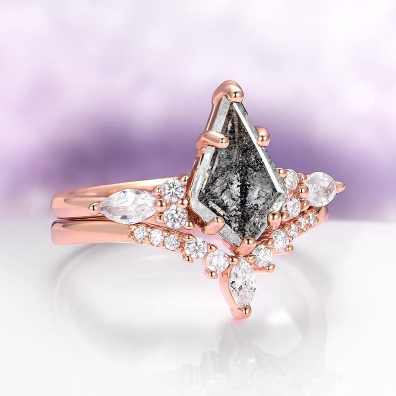 Galaxy Salt & Pepper Diamond, Meteorite Couples Ring Set- His and Hers Cosmic Wedding Bands Rose Gold Vermeil Tungsten Matching Promise Ring image 11