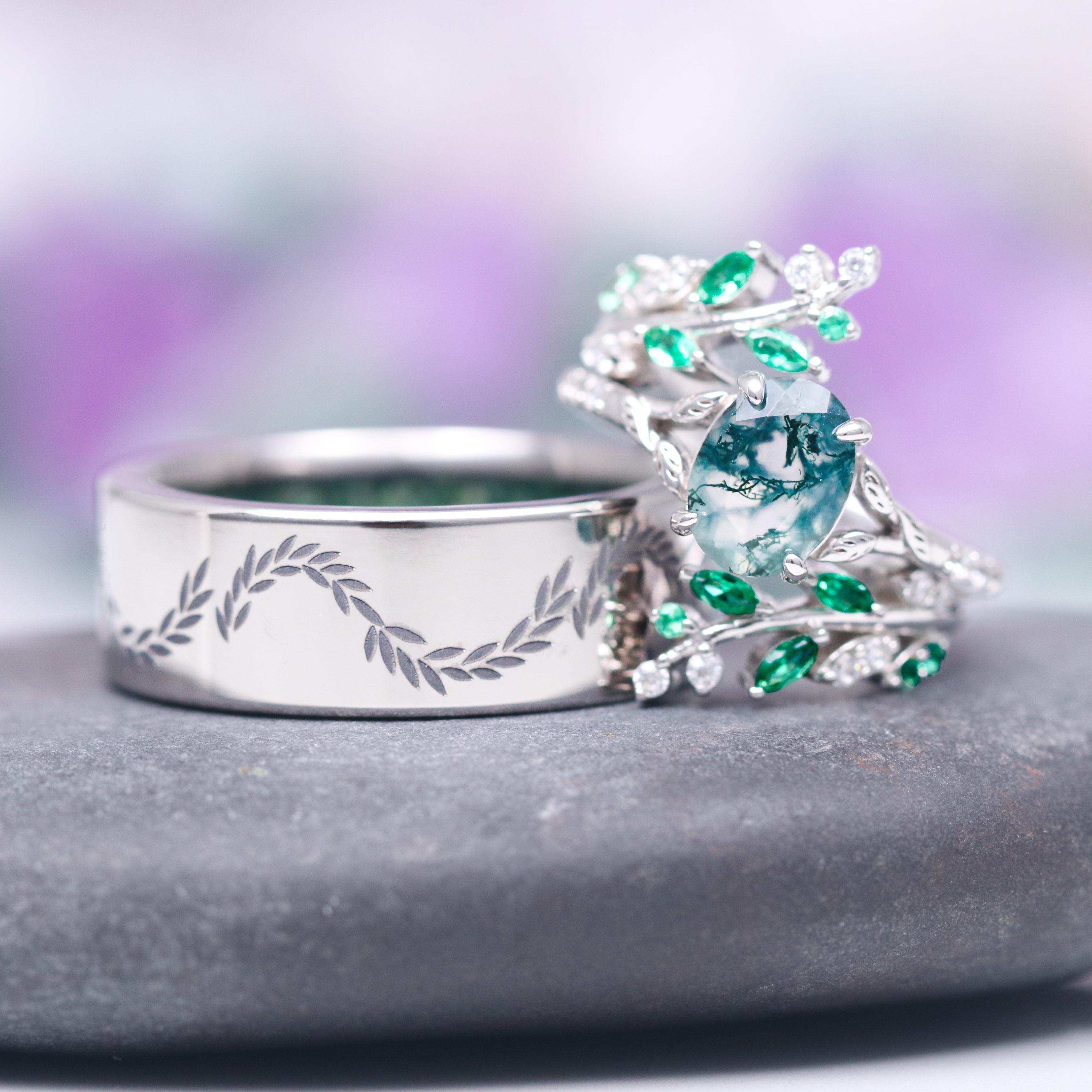 Moss Agate and Emerald Couples Ring Set- His and Hers Wedding