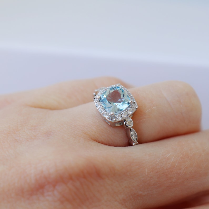 Aquamarine Jewelry Set Gift For Her Elegant Designer Jewelry March Birthstone Sterling Silver Jewelry Set Ring Pendant Earrings
