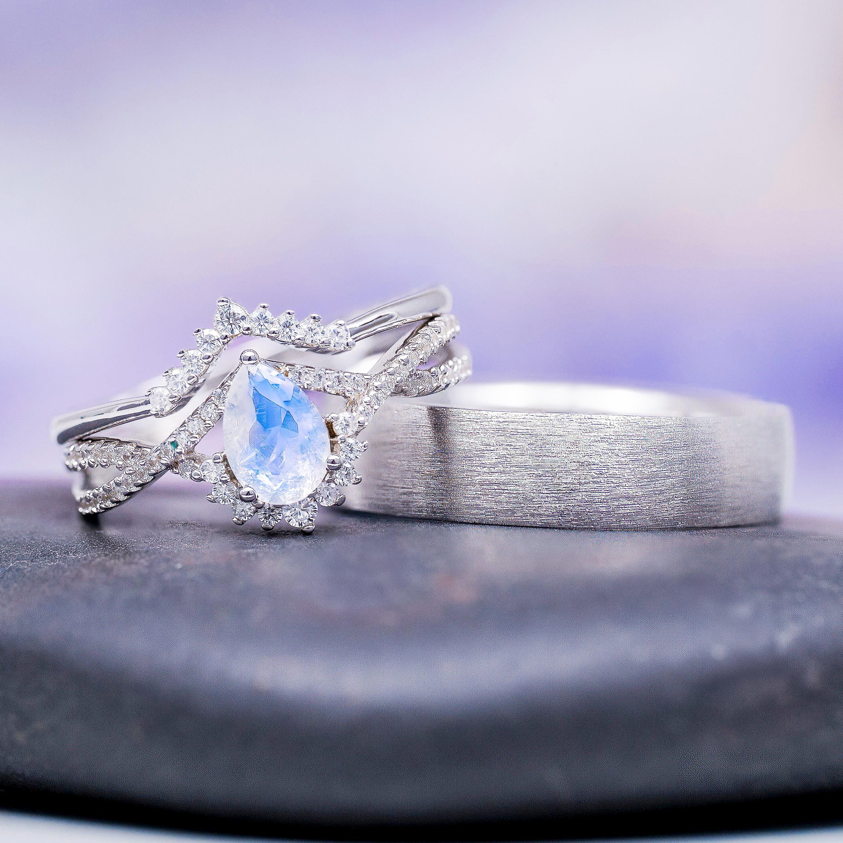 Natural Moonstone Couples Ring Set- His and Hers Wedding Bands