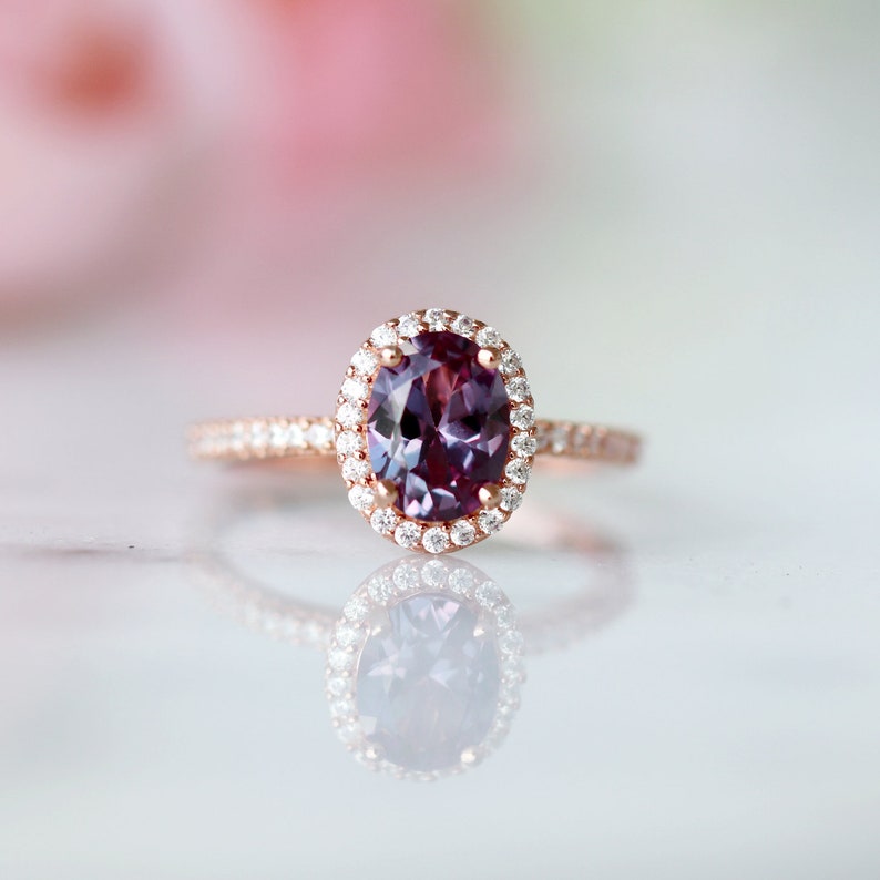 Oval Alexandrite Ring- 14K Rose Gold Vermeil Ring- Genuine Alexandrite Engagement Promise Ring- June Birthstone- Anniversary Gift For Her 