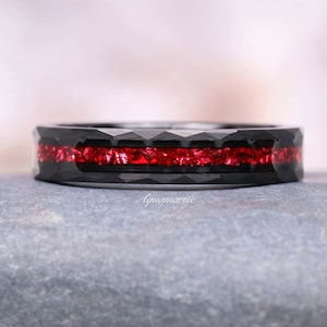 Crushed Red Garnet Black Wedding Band- Hammered Tungsten Carbide Ring- 4mm Mens/ Womens Wedding Ring Unique Birthstone- Unisex Promise Ring