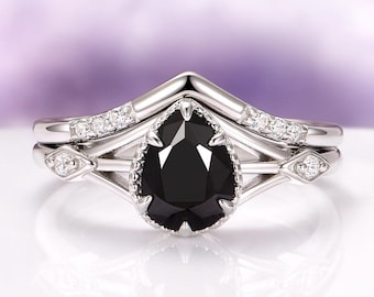 Celtic Pear Black Onyx Ring Set – Sterling Silver Promise Ring