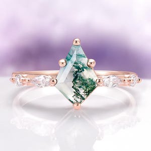 Anillo de compromiso de ágata musgosa, anillo de ágata musgosa verde natural, anillo nupcial alternativo de oro vermeil rosa