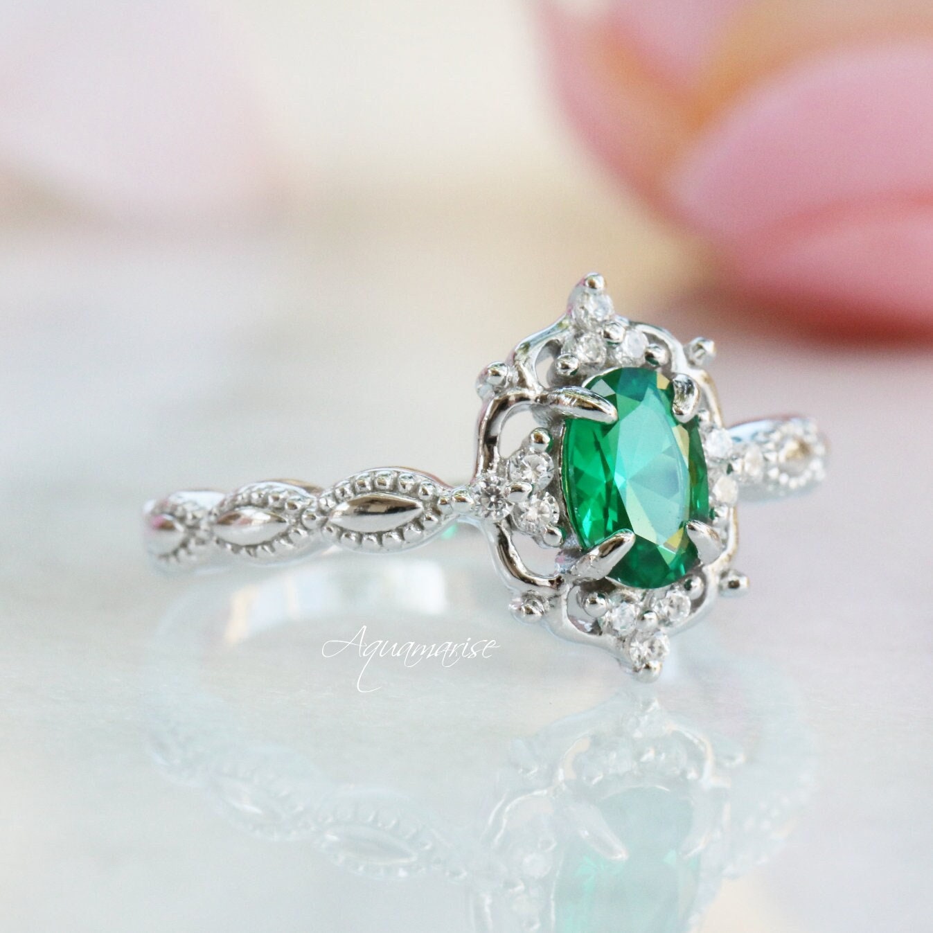 Vintage Emerald Ring- Sterling Silver Ring- Art Deco Emerald Ring- Engagement Promise Ring- May Birthstone-Anniversary Birthday Gift for Her