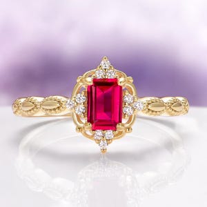 Vintage Ruby Engagement Ring in 14K Yellow Gold Vermeil- Lab Grown Ruby Art Deco Promise Ring- July Birthstone- Anniversary Gift For Her