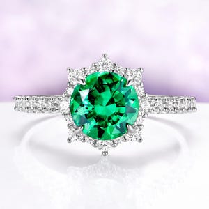 Emerald Engagement Ring – Round Emerald Halo Ring – May Birthstone Ring – Green Gemstone Ring – Sterling Silver image 1