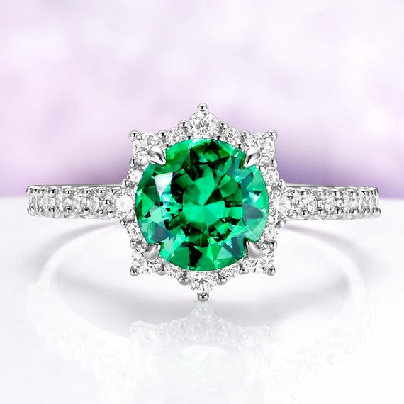 Emerald Engagement Ring – Round Emerald Halo Ring – May Birthstone Ring – Green Gemstone Ring – Sterling Silver
