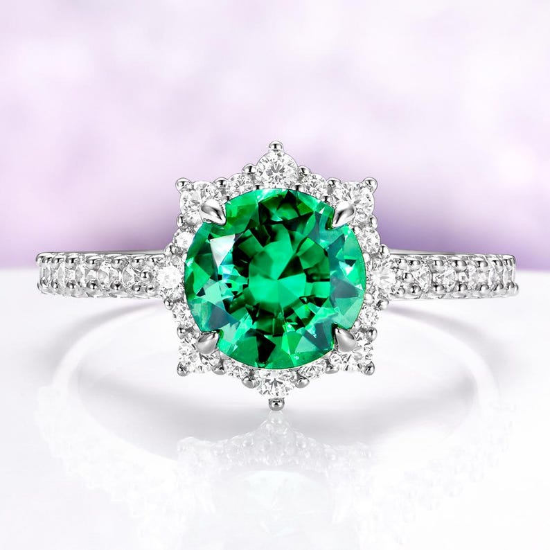 Emerald Engagement Ring – Round Emerald Halo Ring – May Birthstone Ring – Green Gemstone Ring – Sterling Silver image 1