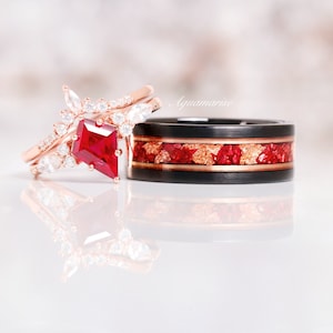 Skye Rose Gold Ruby Leaf Couples Ring Set- His and Hers Matching Wedding Band Red Ruby & Black Tungsten/ Vermeil Couples Unique Promise Ring