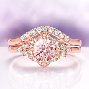 Morganite Engagement Ring Set Simulated Round Flower 14K Rose Gold Vermeil