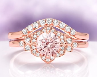 Morganite Flower Engagement Ring Set in 14K Rose Gold Vermeil Peachy Pink Morganite Fairy Unique Promise Ring Anniversary Gift For Her