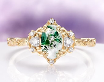 Esme Green Moss Agate Ring- 14K Yellow Gold Vermeil Engagement Ring For Women- Vintage Moss Agate Promise Ring- Nature Inspired Gift For Her