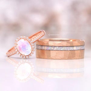 Galaxy Moonstone Couples Ring Set- His and Hers Wedding Band Rose Gold Tungsten Unique Matching Couples Promise Ring June Birthstone Jewelry