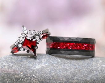 Conjunto de anillos para parejas de granate rojo natural Skye, alianza de boda a juego para él y para ella, anillo de promesa único para parejas de tungsteno rojo y negro martillado