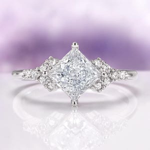 Moissanite Engagement Ring in 14K White Gold-  Princess Cut Elegant Promise Ring- Unique Certified Moissanite Ring- Anniversary Gift For Her
