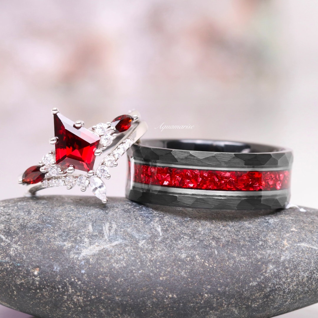 Skye Natural Red Garnet Couples Ring Set- His and Hers Matching Skye Natural Red Garnet Couples Ring Set- His and Hers Matching