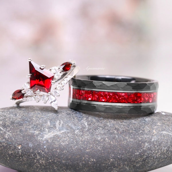 Skye Natural Red Garnet Couples Ring Set- His and Hers Matching Wedding Band- Hammered Red & Black Two Tone Tungsten Unique Promise Rings