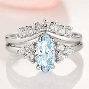 Natural Aquamarine Ring Set- 925 Sterling Silver Engagement Ring For Woman- Marquise Bridal Rings March Birthstone- Anniversary Gift For Her