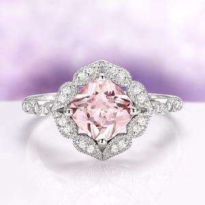 Cushion Morganite Ring in 925 Sterling Silver- Art Deco, Vintage Engagement Ring- Unique Promise Ring- Anniversary Birthday Gift For Her