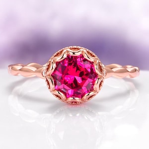 Vintage Ruby Engagement Ring For Women- Authentic Ruby Dainty Promise Ring - 14K Rose Gold Vermeil- July Birthstone Anniversary Gift For Her