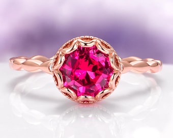Vintage Ruby Engagement Ring For Women- Authentic Ruby Dainty Promise Ring - 14K Rose Gold Vermeil- July Birthstone Anniversary Gift For Her