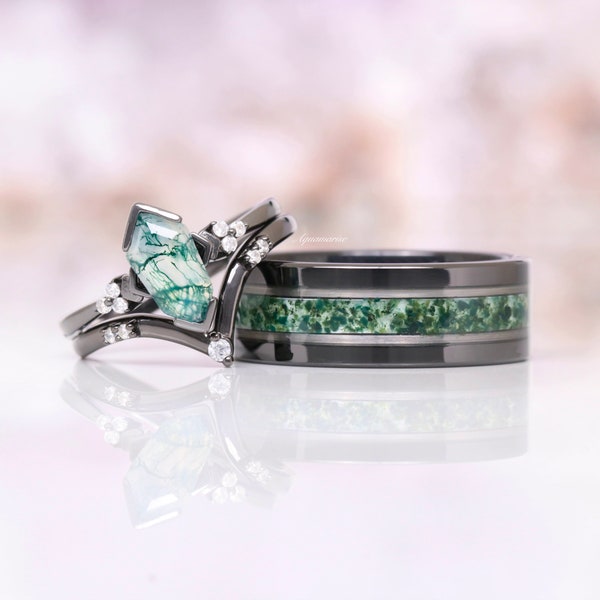 Green Moss Agate Couples Ring Set- Coffin  Moss His and Hers Wedding Band Silver & Black Tungsten Matching Wedding Ring Nature Promise Ring