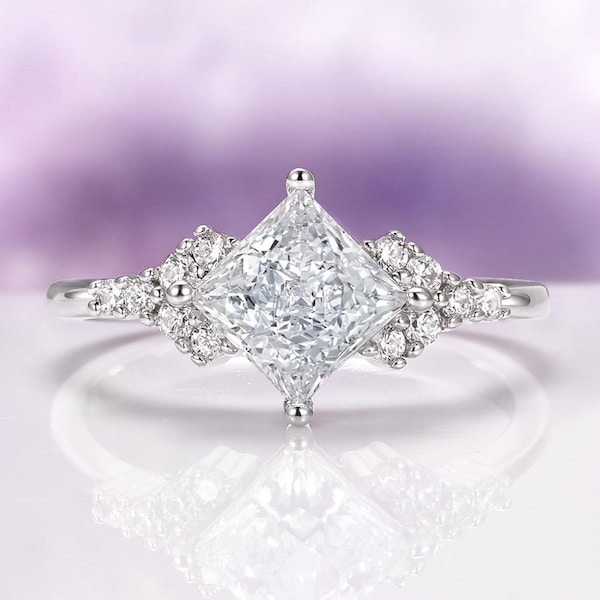 Anillo de compromiso de diamantes en plata de ley - Anillo de promesa elegante y delicado de corte princesa - Piedra natal de abril - Regalo de aniversario de cumpleaños para ella
